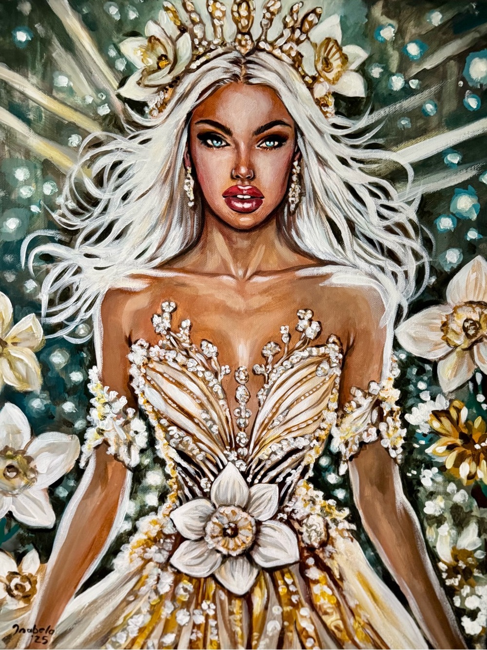 Ornate Floral Queen Portrait — White & Gold Gown